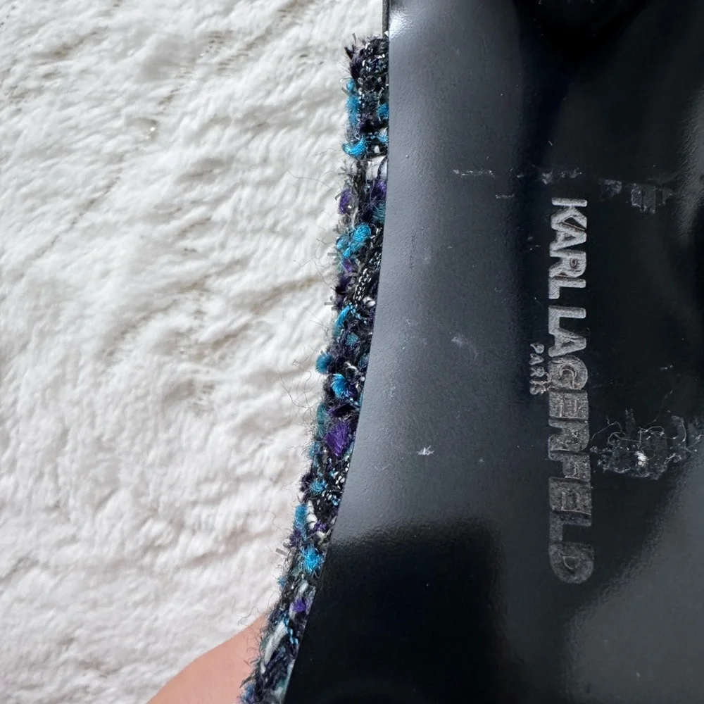 Karl Lagerfeld Black and Blue Tweed Sandals - Picture 7 of 7